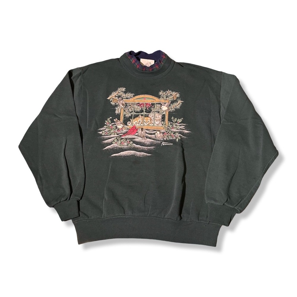Morning Sun Sweatshirt Womens Medium Green Excellent Vintage Kittens Birds Plaid
